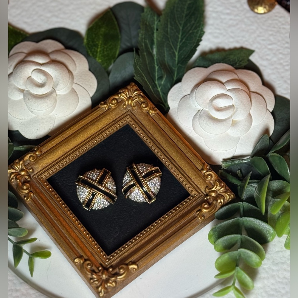 Elegant Gold-tone Clip on Earrings With Black Enamel X And Crystals - Picture 4 of 16